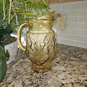 Vintage MCM  Anchor Hocking Glass Pitcher Rain Flower Amber Ice Tea  64oz